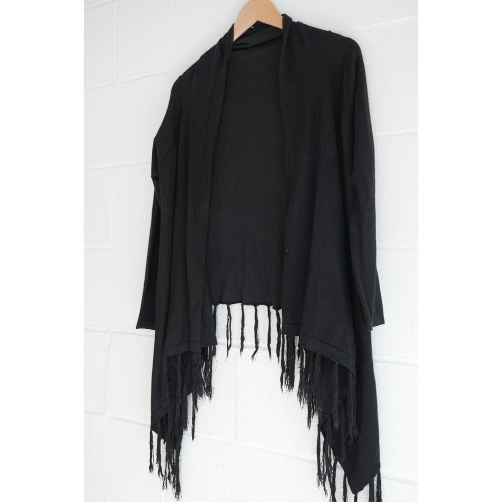 BEAR DANCE‎ Black Fringe Hem Asymmetrical Waterfall Cardigan Size Medium
